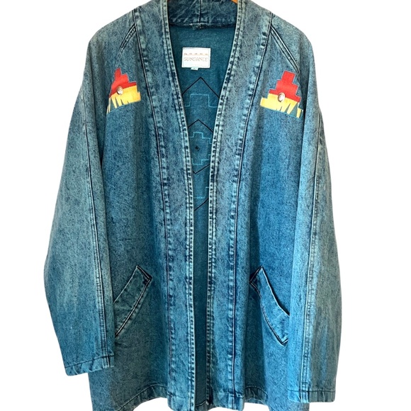 Vintage Sundance Denim Southwestern Concho Teal Aztec Print Acid Wash Coat USA L - Picture 8 of 16